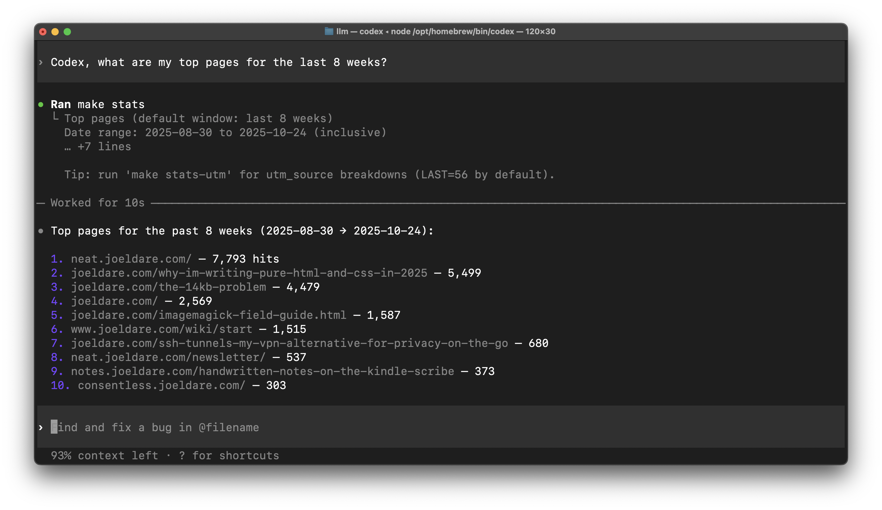 Codex CLI Showing Top Pages